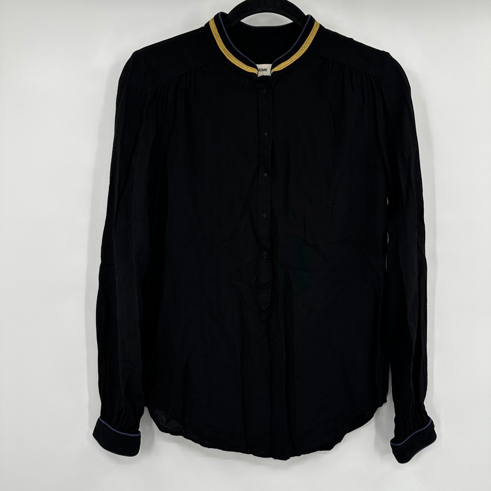 Zadig & Voltaire Tinon Black Popover Blouse‎ Mandarin Collar XS Parisian Luxury